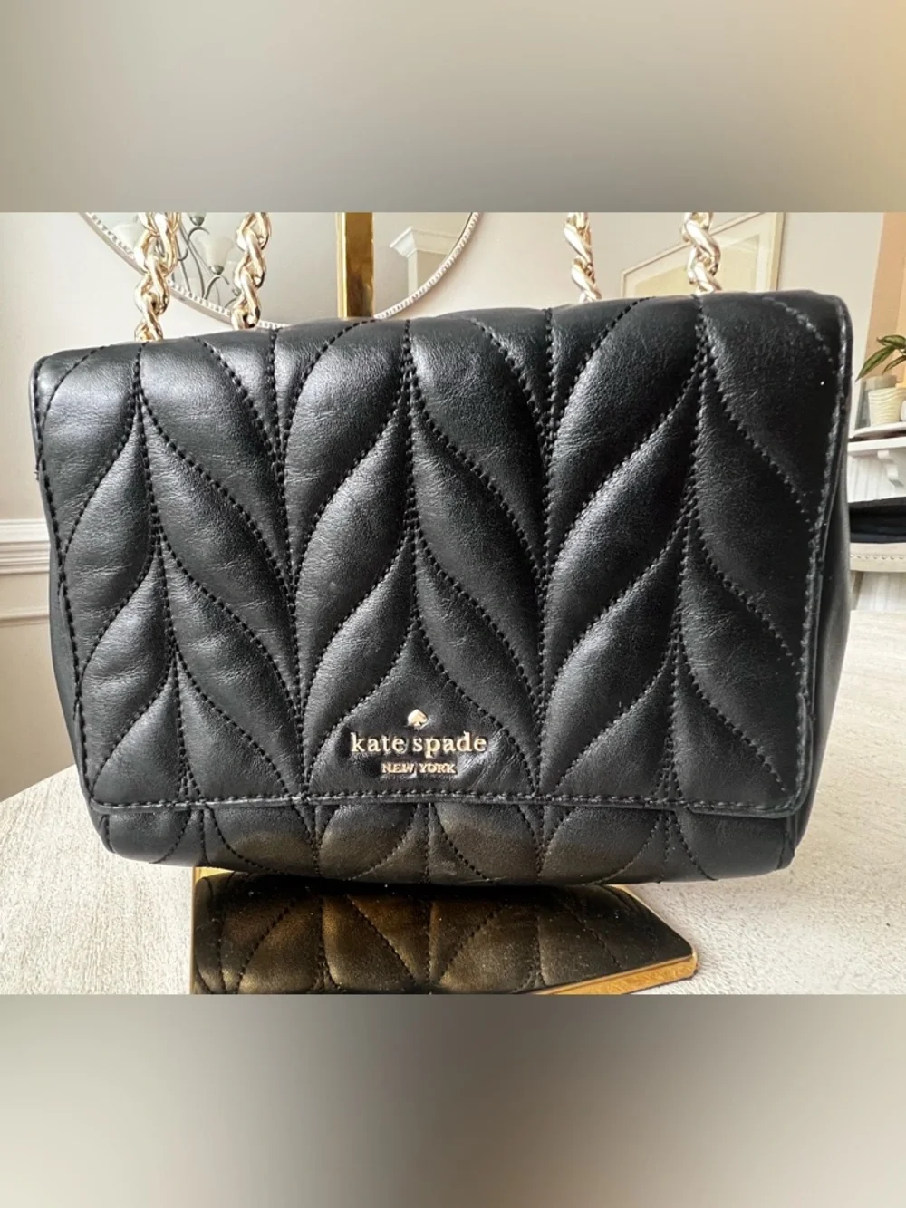 kate spade Black Quilted Shoulder Bag with Gold Chain‎ Straps